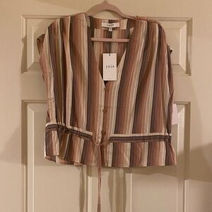 NWT Joie Brow & Beige Striped Button Up Sleeveless Blouse w/ Tie detail, Size XL